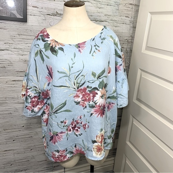Bella Umbra Linen Blouse Sz M Blue Aqua Floral Tropical Ruffle Sleeves Top Italy - Picture 11 of 11